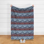 Normal scale // Fair Isle Knitting Doxie Love // grey background navy blue and orange dachshunds dogs bones paws and hearts