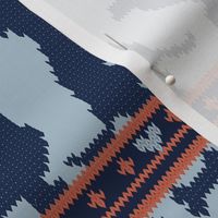 Normal scale // Fair Isle Knitting Doxie Love // grey background navy blue and orange dachshunds dogs bones paws and hearts