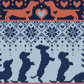 Normal scale // Fair Isle Knitting Doxie Love // grey background navy blue and orange dachshunds dogs bones paws and hearts