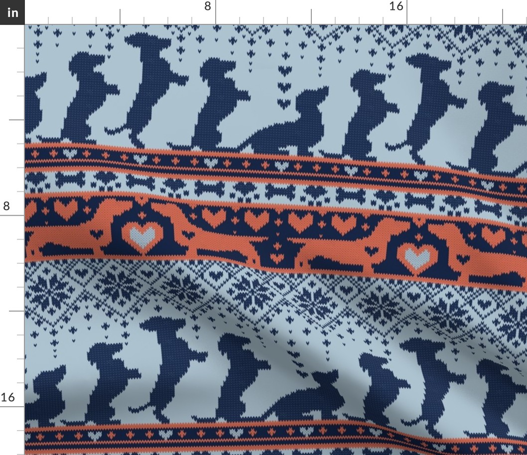 Normal scale // Fair Isle Knitting Doxie Love // grey background navy blue and orange dachshunds dogs bones paws and hearts