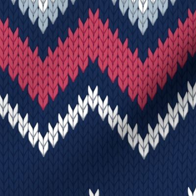 Normal scale // Fair Isle Knitting Zig Zags // navy blue background red white and grey lines