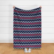 Normal scale // Fair Isle Knitting Zig Zags // navy blue background red white and grey lines