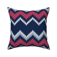 Normal scale // Fair Isle Knitting Zig Zags // navy blue background red white and grey lines