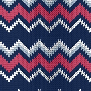 Normal scale // Fair Isle Knitting Zig Zags // navy blue background red white and grey lines