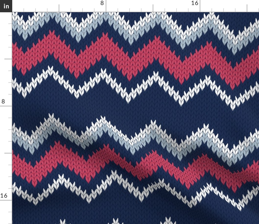 Normal scale // Fair Isle Knitting Zig Zags // navy blue background red white and grey lines