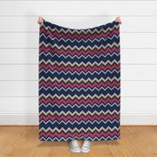 Normal scale // Fair Isle Knitting Zig Zags // navy blue background red yellow and white lines