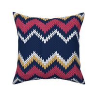 Normal scale // Fair Isle Knitting Zig Zags // navy blue background red yellow and white lines