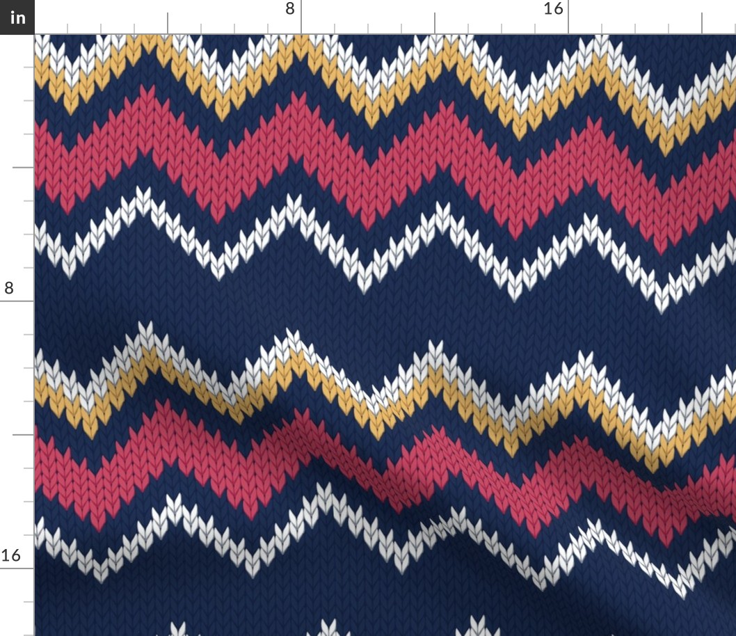 Normal scale // Fair Isle Knitting Zig Zags // navy blue background red yellow and white lines