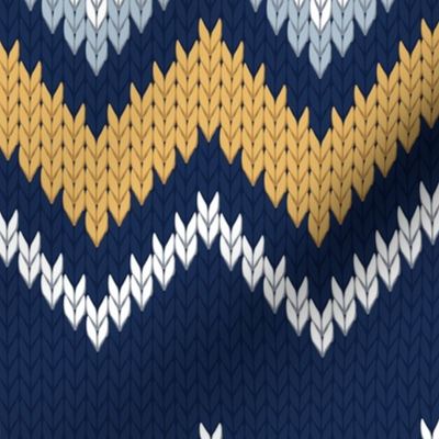 Normal scale // Fair Isle Knitting Zig Zags // navy blue background yellow white and grey lines