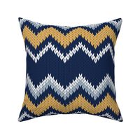 Normal scale // Fair Isle Knitting Zig Zags // navy blue background yellow white and grey lines