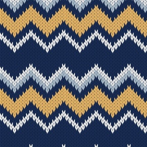 Normal scale // Fair Isle Knitting Zig Zags // navy blue background yellow white and grey lines