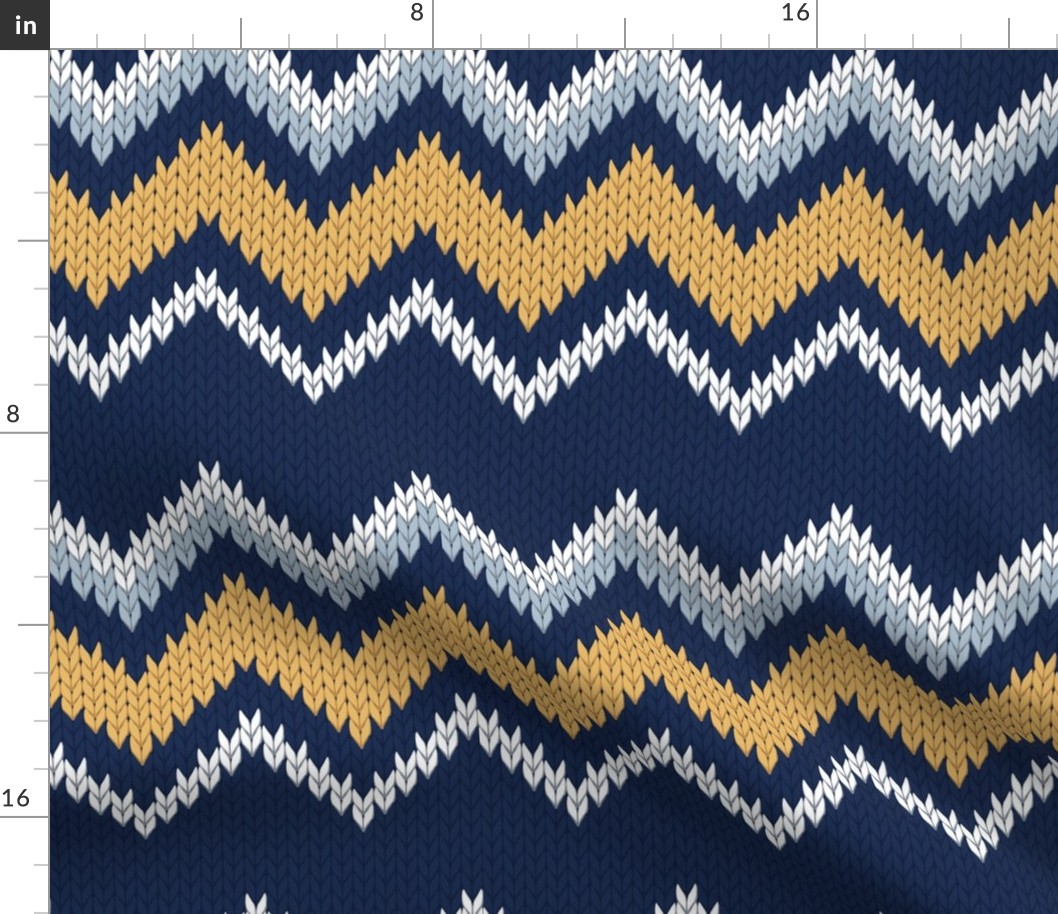 Normal scale // Fair Isle Knitting Zig Zags // navy blue background yellow white and grey lines