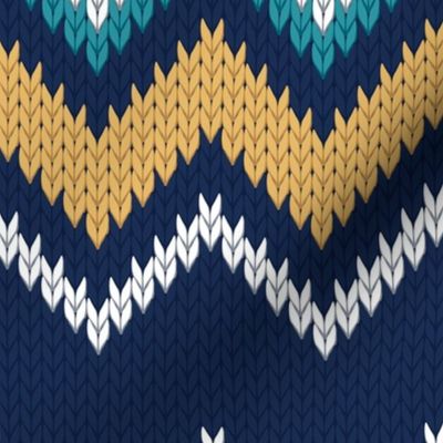 Normal scale // Fair Isle Knitting Zig Zags // navy blue background yellow teal and white lines