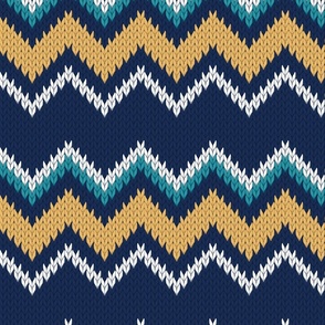 Normal scale // Fair Isle Knitting Zig Zags // navy blue background yellow teal and white lines