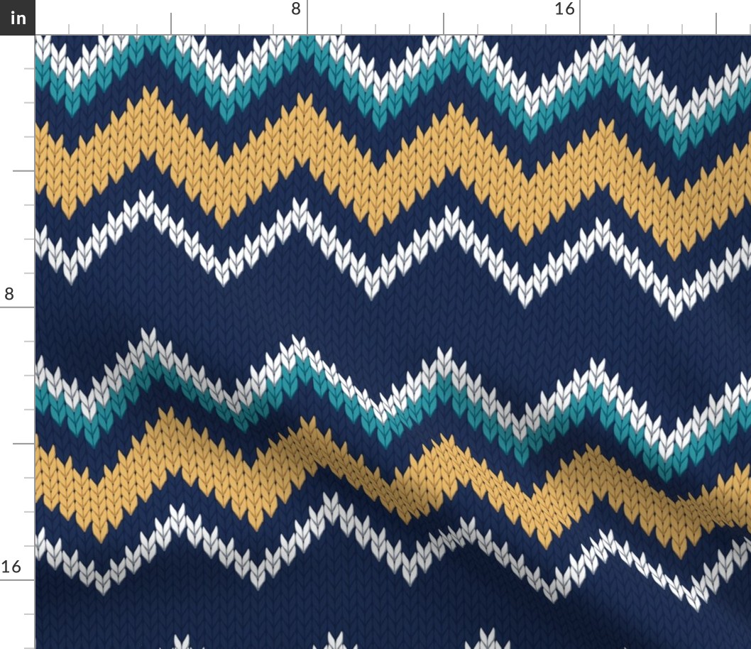 Normal scale // Fair Isle Knitting Zig Zags // navy blue background yellow teal and white lines