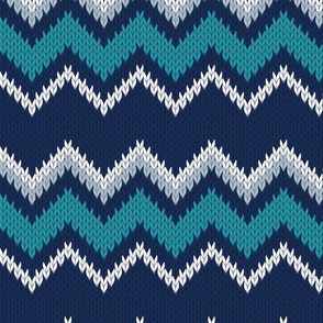 Normal scale // Fair Isle Knitting Zig Zags // navy blue background teal white and grey lines