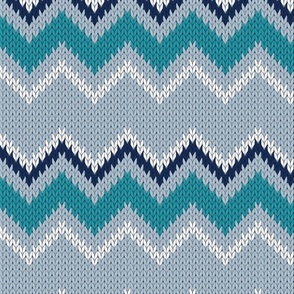 Normal scale // Fair Isle Knitting Zig Zags // grey background teal white and navy blue lines