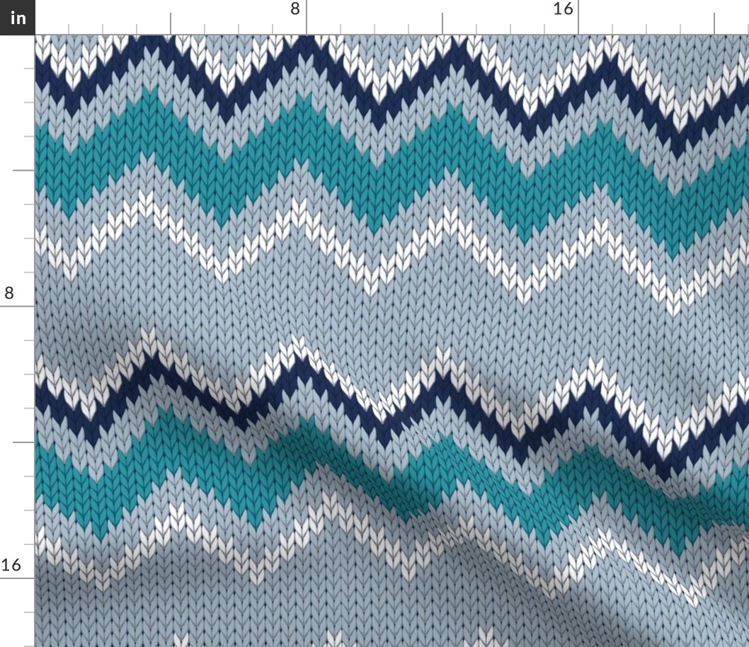 Normal scale // Fair Isle Knitting Zig Zags // grey background teal white and navy blue lines