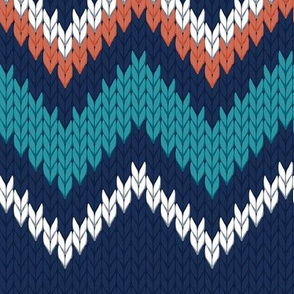 Normal scale // Fair Isle Knitting Zig Zags // navy blue background teal orange and white lines