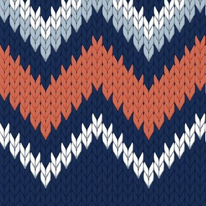 Normal scale // Fair Isle Knitting Zig Zags // navy blue background orange white and grey lines