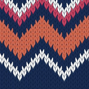 Normal scale // Fair Isle Knitting Zig Zags // navy blue background orange red and white lines