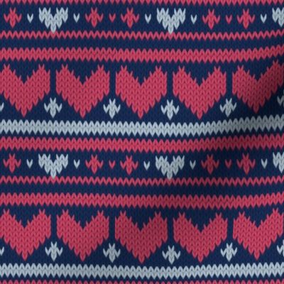 Small scale // Fair Isle Knitting Hearts // navy blue background grey and red hearts