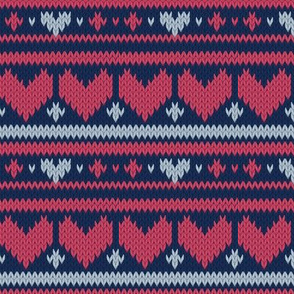 Small scale // Fair Isle Knitting Hearts // navy blue background grey and red hearts