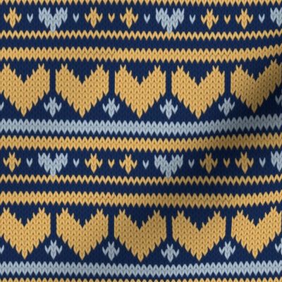 Small scale // Fair Isle Knitting Hearts // navy blue background grey and yellow hearts