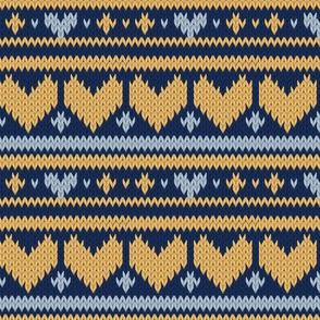 Small scale // Fair Isle Knitting Hearts // navy blue background grey and yellow hearts