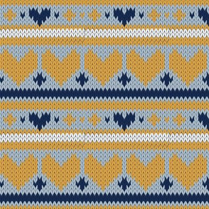 Small scale // Fair Isle Knitting Hearts // grey background navy blue and yellow hearts