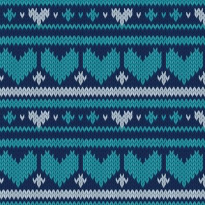 Small scale // Fair Isle Knitting Hearts // navy blue background grey and teal hearts