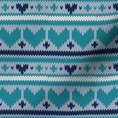 Small scale // Fair Isle Knitting Hearts // grey background navy blue and teal hearts