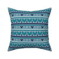 Small scale // Fair Isle Knitting Hearts // grey background navy blue and teal hearts