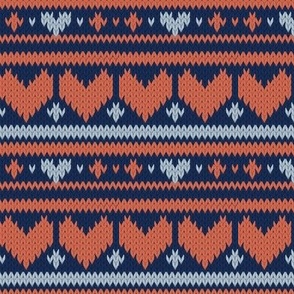 Small scale // Fair Isle Knitting Hearts // navy blue background grey and orange hearts