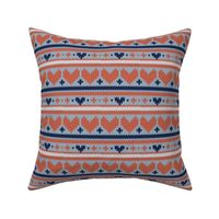 Small scale // Fair Isle Knitting Hearts // grey background navy blue and orange hearts
