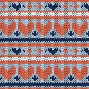 Small scale // Fair Isle Knitting Hearts // grey background navy blue and orange hearts