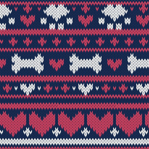 Normal scale // Fair Isle Knitting Doggies Love // navy blue background white bones and dogs paws red hearts