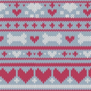 Normal scale // Fair Isle Knitting Doggies Love // grey background white bones and dogs paws red hearts