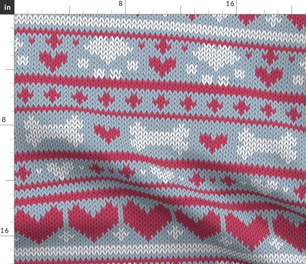 Normal scale // Fair Isle Knitting Doggies Love // grey background white bones and dogs paws red hearts