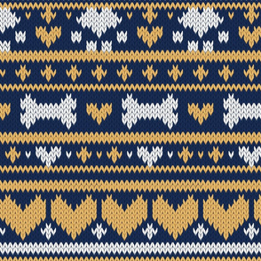 Normal scale // Fair Isle Knitting Doggies Love // navy blue background white bones and dogs paws yellow hearts