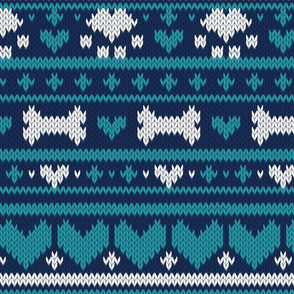 Normal scale // Fair Isle Knitting Doggies Love // navy blue background white bones and dogs paws teal hearts