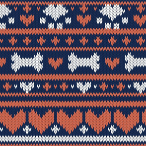 Normal scale // Fair Isle Knitting Doggies Love // navy blue background white bones and dogs paws orange hearts