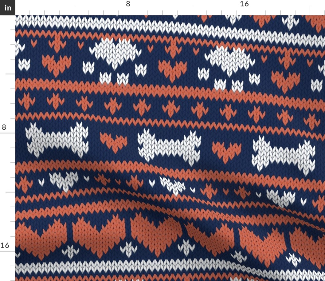 Normal scale // Fair Isle Knitting Doggies Love // navy blue background white bones and dogs paws orange hearts