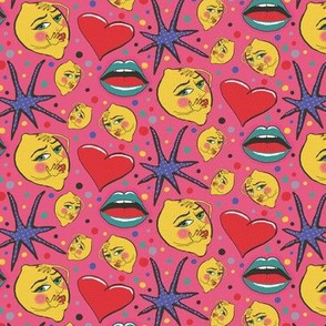 pop art angsty lemons, small scale, red pink blue green yellow lavender black