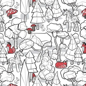 Small scale // Geometric whimsical wonderland // black background white forest with unicorns red foxes gnomes and mushrooms 