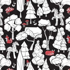 Small scale // Geometric whimsical wonderland // black and white colouring book forest with unicorns red foxes gnomes and mushrooms 