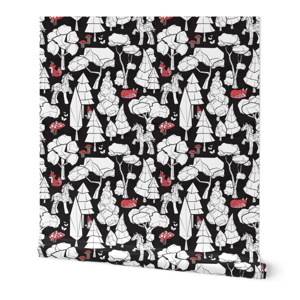 Normal scale // Geometric whimsical wonderland // black and white colouring book forest with unicorns red foxes gnomes and mushrooms 