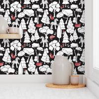 Normal scale // Geometric whimsical wonderland // black and white colouring book forest with unicorns red foxes gnomes and mushrooms 