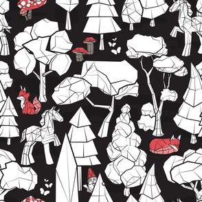 Normal scale // Geometric whimsical wonderland // black and white colouring book forest with unicorns red foxes gnomes and mushrooms 