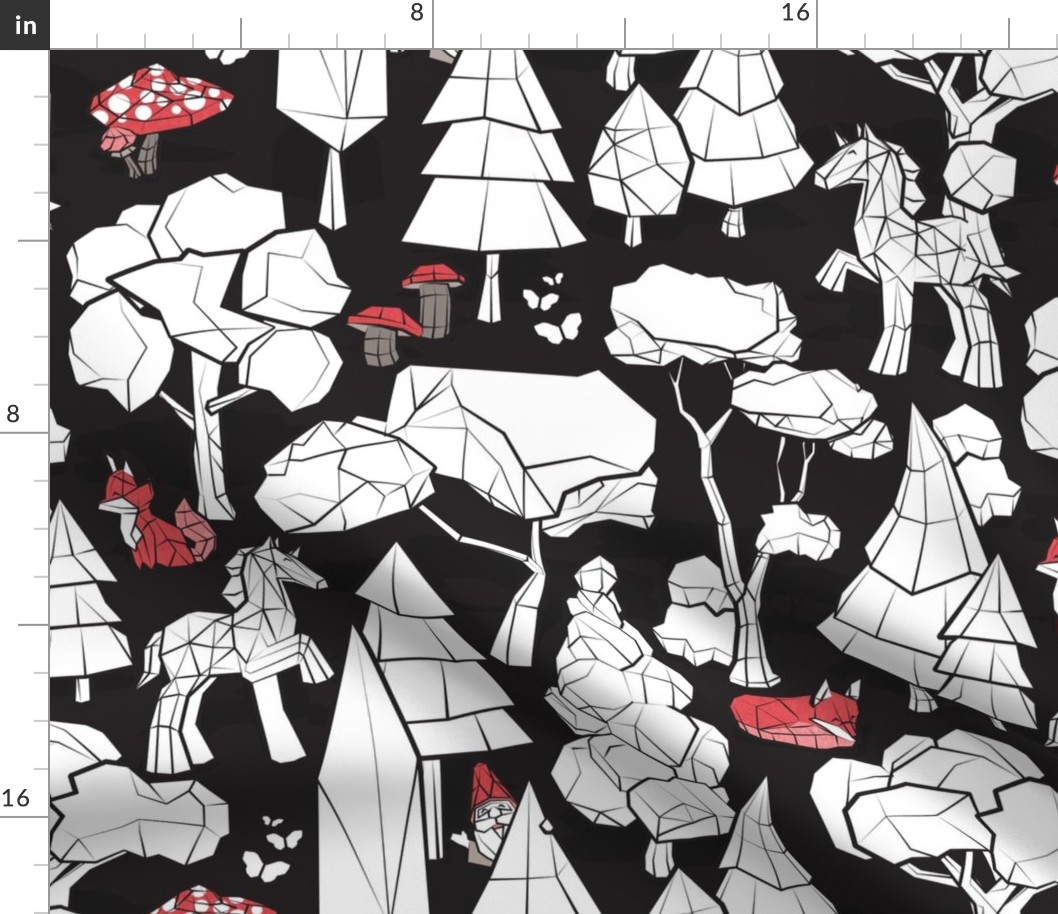 Normal scale // Geometric whimsical wonderland // black and white colouring book forest with unicorns red foxes gnomes and mushrooms 